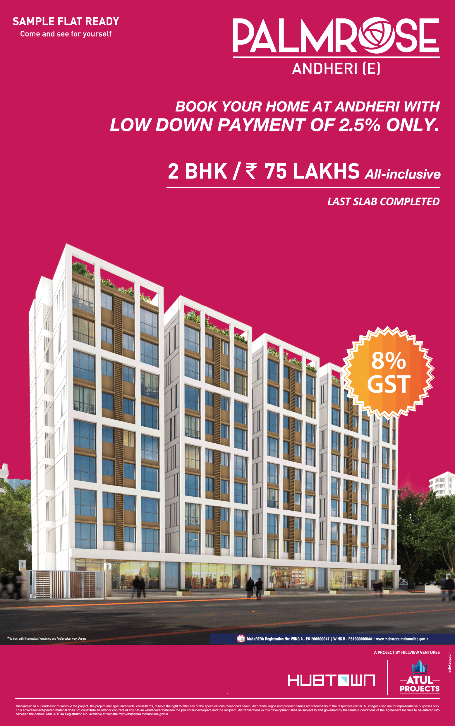 Book 2 bhk with low down payment of 2.5% only at Hubtown Palmrose in Mumbai